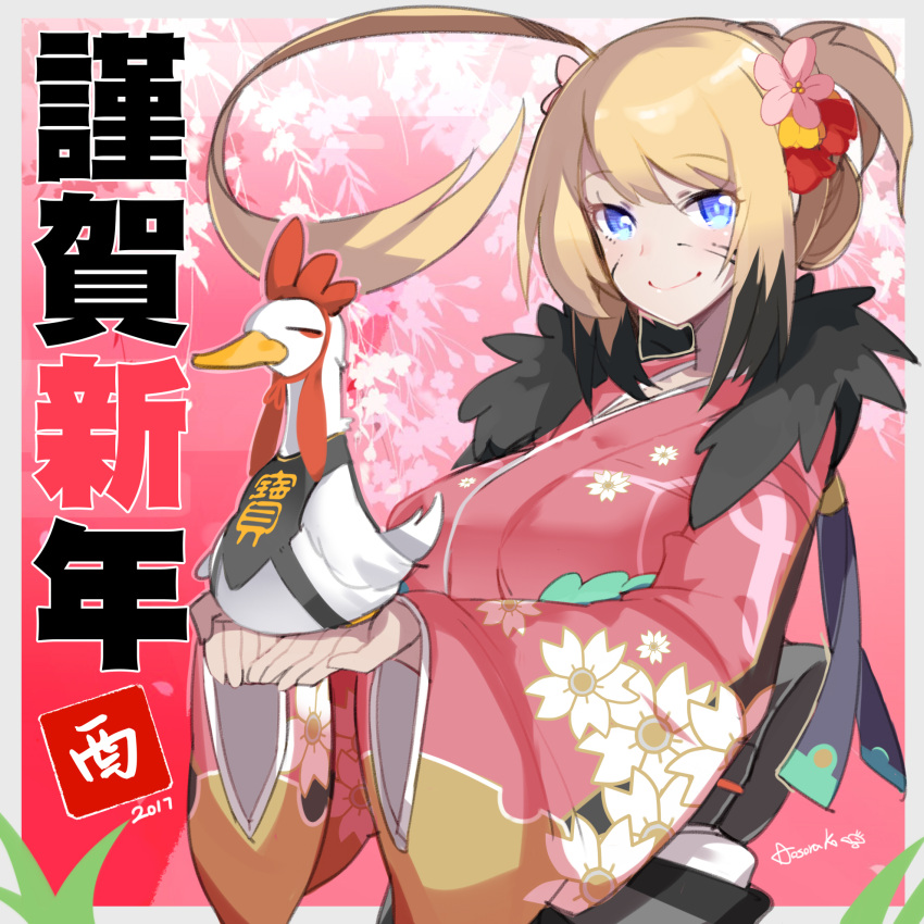 1girl 2017 ahoge animal animal_on_hand aosora_kamiya artist_name bangs bird blonde_hair blue_eyes breasts cherry_blossoms closed_mouth duck eyebrows_visible_through_hair facepaint floral_background floral_print happy_new_year highres holding holding_animal japanese_clothes jitome kimono large_breasts looking_at_viewer new_year original pink_kimono signature smile solo translated upper_body year_of_the_rooster