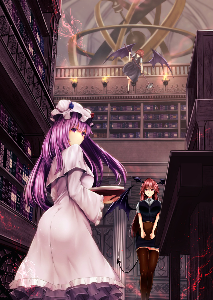 3girls ass bangs black_legwear black_wings blue_ribbon book bookshelf breasts capelet demon_tail demon_wings dual_persona fire hat hat_ribbon head_wings highres holding holding_book indoors koakuma large_breasts library long_hair long_sleeves looking_at_viewer mob_cap mop multiple_girls patchouli_knowledge pencil_skirt purple_hair red_eyes red_ribbon redhead ribbon short_sleeves sinkai skirt smile standing tail thigh-highs torch touhou tray violet_eyes wide_sleeves wings