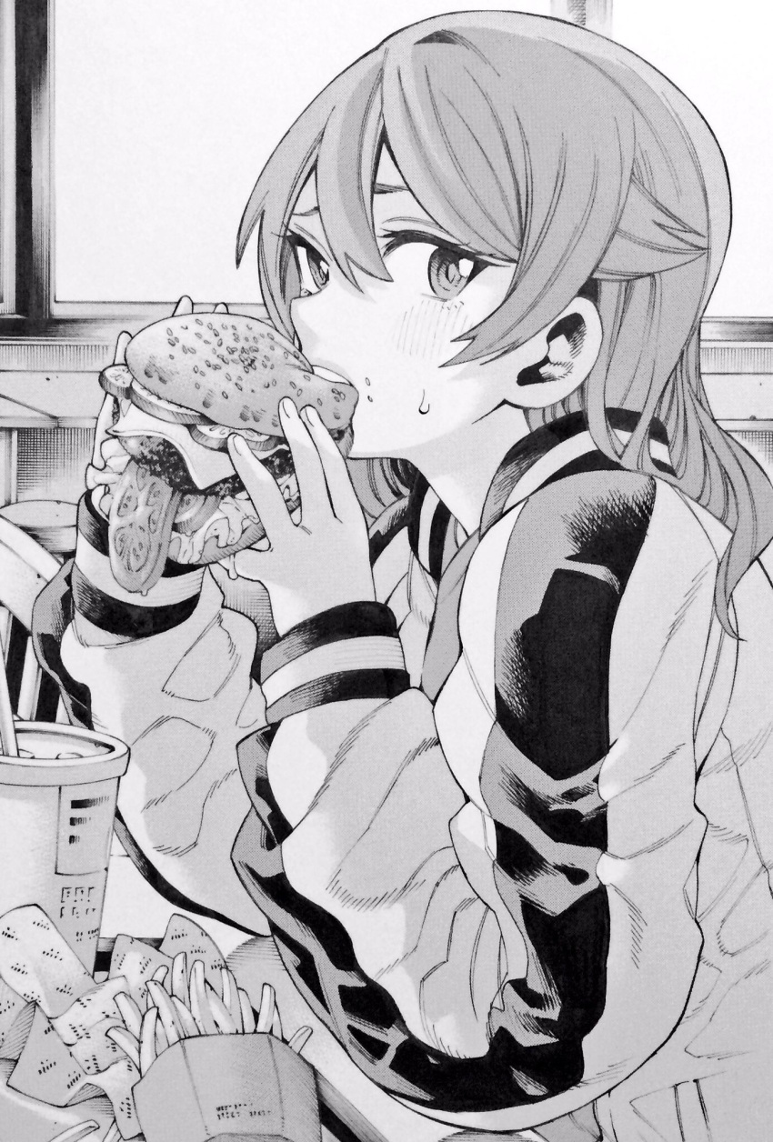 1girl eating enokida_mai food greyscale hamburger highres long_hair looking_at_viewer messy monochrome nakajima_ryou ranker's_high solo teeth