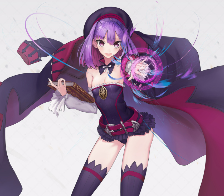 1girl :d bare_shoulders belt beret blush book breasts cleavage detached_sleeves fate/grand_order fate_(series) hat helena_blavatsky_(fate/grand_order) jacket looking_at_viewer magic mins_(minevi) open_mouth purple_hair purple_legwear small_breasts smile solo thigh-highs violet_eyes