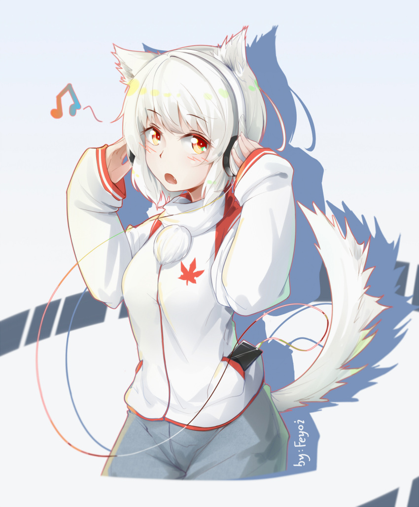 1girl :o alternate_costume animal_ears artist_name beamed_quavers blush cellphone contemporary eyebrows_visible_through_hair fang feyoi hands_up headphones highres inubashiri_momiji jacket leaf leaf_print long_sleeves looking_at_viewer maple_leaf musical_note open_mouth pants phone pom_pom_(clothes) red_eyes sleeves_past_wrists smartphone solo tail touhou upper_body white_hair wolf_ears wolf_tail