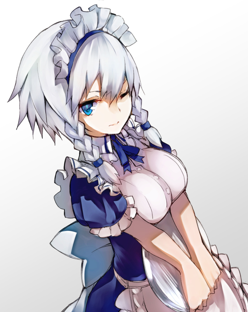 1girl apron blue_dress blue_eyes braid breasts commentary_request dress highres izayoi_sakuya large_breasts looking_at_viewer maid maid_headdress nuqura one_eye_closed puffy_short_sleeves puffy_sleeves revision short_hair short_sleeves silver_hair solo touhou twin_braids underbust waist_apron