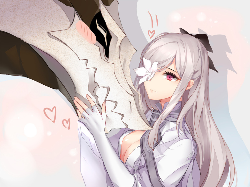 1girl black_bow blush bow breasts cleavage closed_mouth drag-on_dragoon drag-on_dragoon_3 dragon elbow_gloves fingerless_gloves flower gekka_nanako gloves hair_bow hair_over_one_eye heart long_hair medium_breasts mikhail_(drag-on_dragoon) petting pink_eyes sidelocks silver_hair smile upper_body white_gloves zero_(drag-on_dragoon)