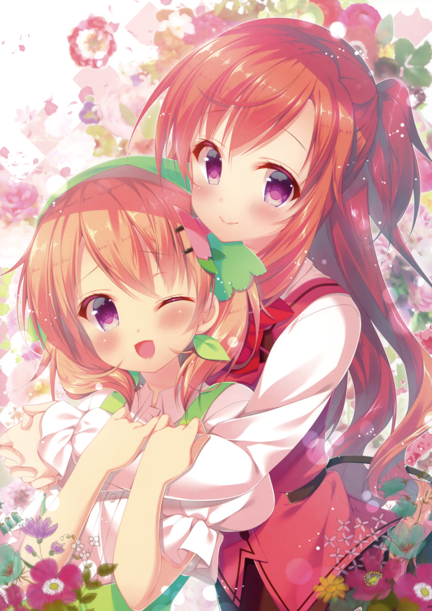 2girls ;d absurdres blush cosplay costume_switch eyebrows_visible_through_hair flower gochuumon_wa_usagi_desu_ka? hair_flower hair_ornament highres hoto_cocoa hoto_cocoa_(cosplay) hoto_mocha hoto_mocha_(cosplay) hug long_hair looking_at_viewer mitsumomo_mamu multiple_girls one_eye_closed open_mouth orange_hair rabbit_house_uniform redhead short_hair siblings sisters smile violet_eyes