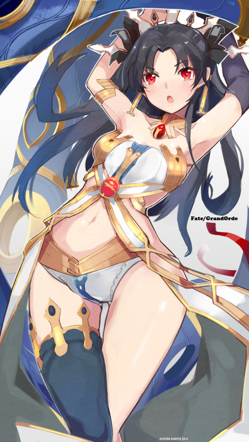 1girl aosora_kamiya armpits arms_behind_head arms_up black_gloves black_hair black_legwear blush breasts elbow_gloves fate/grand_order fate_(series) gloves heavenly_boat_maanna highres ishtar_(fate/grand_order) long_hair navel open_mouth red_eyes revision single_elbow_glove single_thighhigh small_breasts solo thigh-highs tohsaka_rin