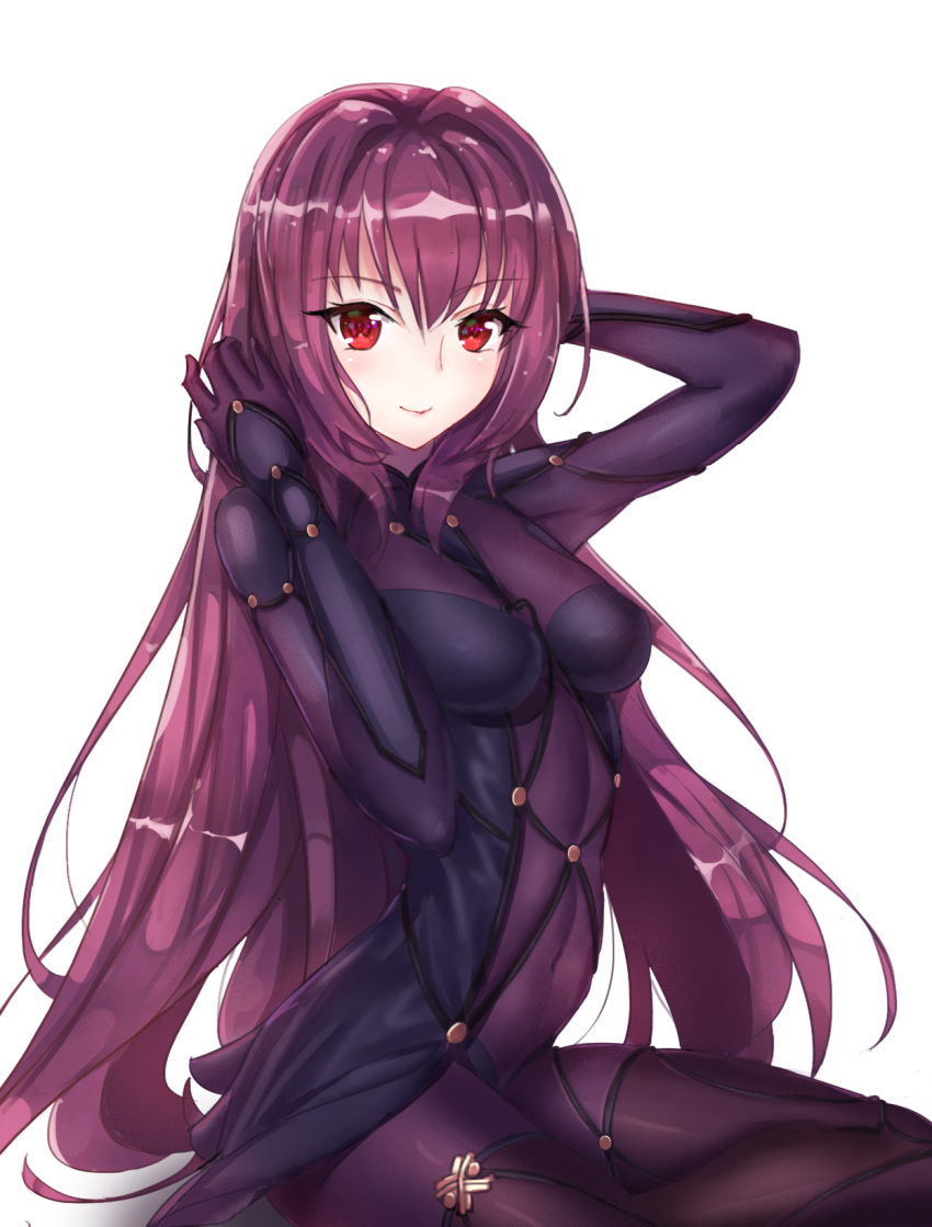 1girl adjusting_hair arched_back bangs bencao_gangmu_(19) blue_clothes blush breasts fate/grand_order fate_(series) highres impossible_clothes long_hair looking_at_viewer medium_breasts purple_hair red_eyes scathach_(fate/grand_order) sitting smile solo