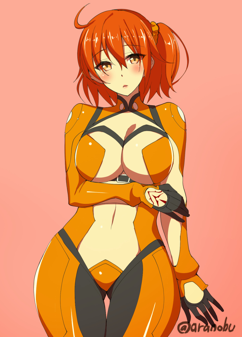 1girl :o ahoge alternate_costume arm_at_side artist_name black_gloves blush bodysuit breasts center_opening cleavage commentary_request eyebrows_visible_through_hair fate/grand_order fate_(series) fujimaru_ritsuka_(female) gloves hair_between_eyes hair_ornament hair_scrunchie hand_tattoo head_tilt highres large_breasts looking_at_viewer navel orange_bodysuit orange_hair parted_lips scrunchie shiny shiny_hair short_hair side_ponytail simple_background solo standing stomach takeda_aranobu tattoo thigh_gap twitter_username