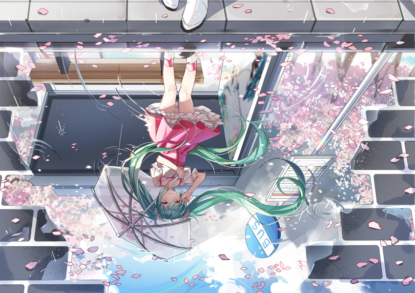 1girl bangs bench blush bus_stop cherry_blossoms clouds crying crying_with_eyes_open dr_poapo dress floating_hair flower green_eyes green_hair hair_flower hair_ornament hand_up hatsune_miku holding holding_umbrella long_hair looking_at_viewer melt_(vocaloid) pavement petals petticoat pink_dress pink_legwear puddle rainbow reflection ripples road sad_smile shoes short_sleeves sidewalk sign smile socks solo standing street tears transparent_umbrella twintails umbrella very_long_hair vocaloid water white_shoes wind