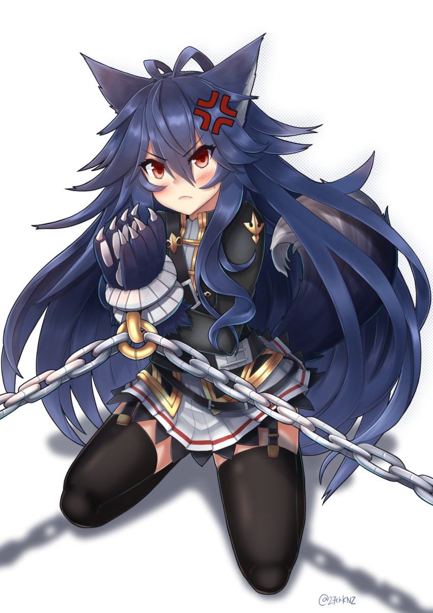 1girl alternate_costume anger_vein animal_ears bdsm black_legwear blue_hair bondage bound bound_wrists chained chained_wrists chains fang fenrir_(shingeki_no_bahamut) garter_straps granblue_fantasy hair_between_eyes highres jacket kuronekozero long_hair long_sleeves looking_at_viewer paws pleated_skirt red_eyes restrained shingeki_no_bahamut simple_background skirt solo tail thigh-highs very_long_hair white_background wolf_ears wolf_tail