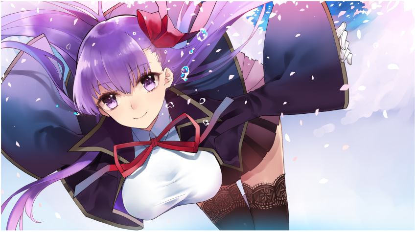 1girl bb_(fate/extra_ccc) breasts bubble cherry_blossoms dress fate/extra fate/extra_ccc fate_(series) gloves hair_ribbon highres ichinosenen lace lace-trimmed_thighhighs large_breasts leaning_forward long_hair petals pleated_skirt purple_hair red_ribbon ribbon skirt smile solo thigh-highs violet_eyes white_gloves
