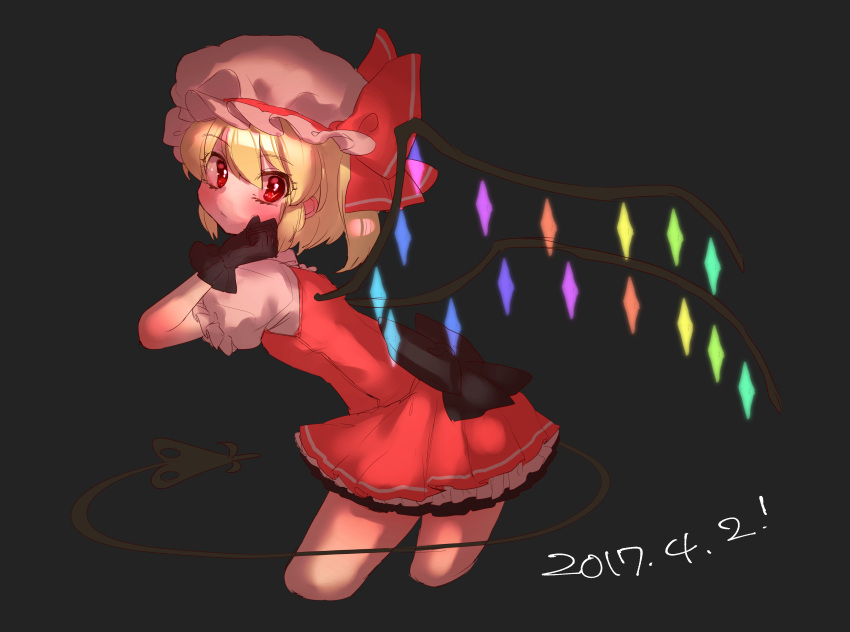 1girl absurdres bent_over black_background black_gloves blonde_hair crystal dark dated dress flandre_scarlet gloves glowing hat hat_ribbon highres laevatein looking_at_viewer looking_back masanaga_(tsukasa) mob_cap puffy_sleeves red_dress red_eyes ribbon short_hair short_sleeves side_ponytail solo touhou wings