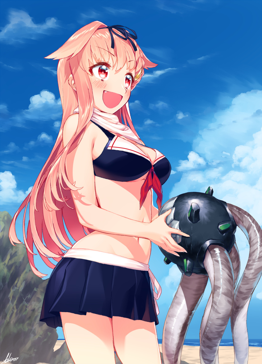 1girl beach bikini bikini_skirt black_bikini black_ribbon black_skirt blew_andwhite blonde_hair blush breasts collarbone commentary_request day enemy_naval_mine_(kantai_collection) gradient_hair hair_flaps hair_ornament hair_ribbon hairclip highres kantai_collection long_hair medium_breasts midriff miniskirt multicolored_hair navel ocean outdoors pleated_skirt red_eyes remodel_(kantai_collection) ribbon skirt straight_hair swimsuit very_long_hair yuudachi_(kantai_collection)