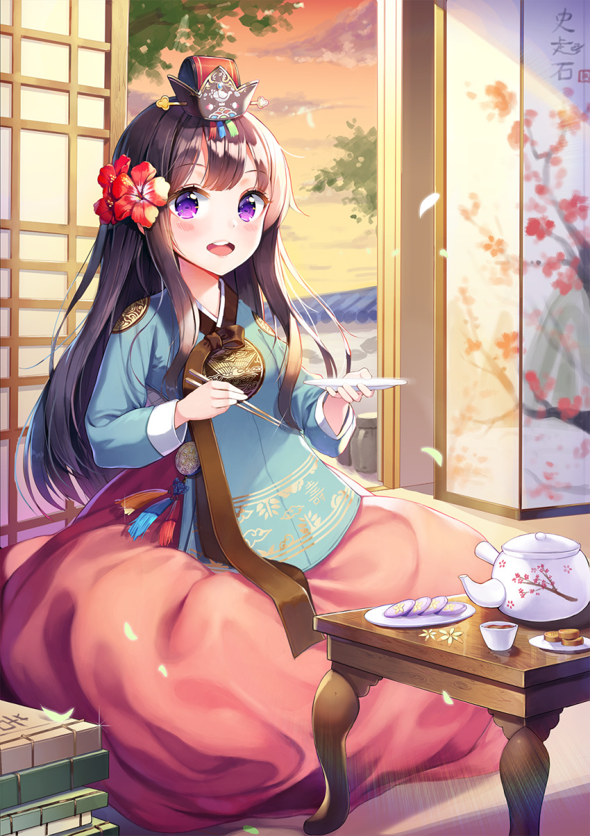 1girl black_hair blush chopsticks commentary cup eyebrows_visible_through_hair flower hair_flower hair_ornament highres holding holding_chopsticks holding_plate kettle long_hair looking_at_viewer open_mouth original plate red_flower shoonear sitting smile solo table tea tea_kettle teacup teeth violet_eyes
