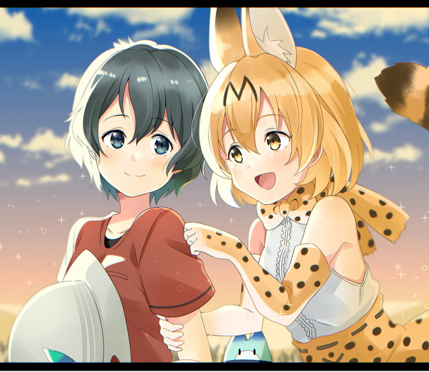 2girls animal_ears bangs black_hair blonde_hair blue_eyes blue_sky blush closed_mouth clouds cloudy_sky collarbone elbow_gloves eyebrows_visible_through_hair gloves hair_between_eyes hat hat_feather hat_removed headwear_removed high-waist_skirt holding holding_arm holding_hat kaban_(kemono_friends) kemono_friends letterboxed looking_at_another lucky_beast_(kemono_friends) multiple_girls open_mouth outdoors red_shirt serval_(kemono_friends) serval_ears serval_print serval_tail shirt short_hair short_sleeves skirt sky sleeveless smile tail upper_body wavy_hair yellow_eyes yukichi_(eikichi)
