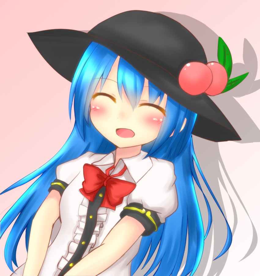1girl :d ^_^ blue_hair blush bow bowtie breasts closed_eyes collared_shirt facing_viewer food food_on_head fruit fruit_on_head hakuhyou_ito hat hinanawi_tenshi long_hair object_on_head open_mouth peach puffy_sleeves shirt small_breasts smile solo touhou v_arms