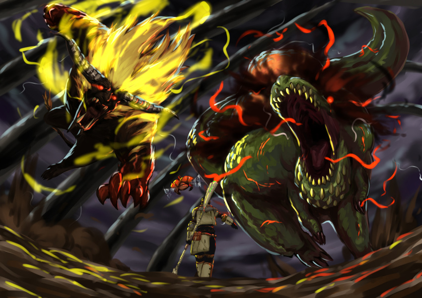 absurdres ambiguous_gender armor beetle blonde_hair brave_(armor) claws daji_yaozi dark_clouds deviljho flying from_behind full_armor fur glowing glowing_eyes highres holding holding_weapon horns insect_glaive jaw jumping long_hair monkey monster monster_hunter monster_hunter_4 open_mouth polearm rajang red_eyes savage_deviljho sharp_teeth tail teeth tyrannosaurus_rex walking weapon wyvern