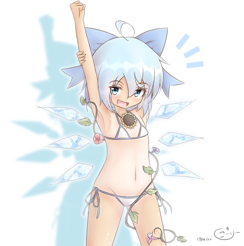 1girl ahoge armpits arms_up bikini blue_eyes blue_hair blush cirno coreytaiyo dated fang flower hair_ribbon hidden_star_in_four_seasons highres ice ice_wings leaf looking_at_viewer midriff navel open_mouth plant ribbon short_hair signature smile solo stretch sunflower swimsuit tan tanline touhou vines white_background wings