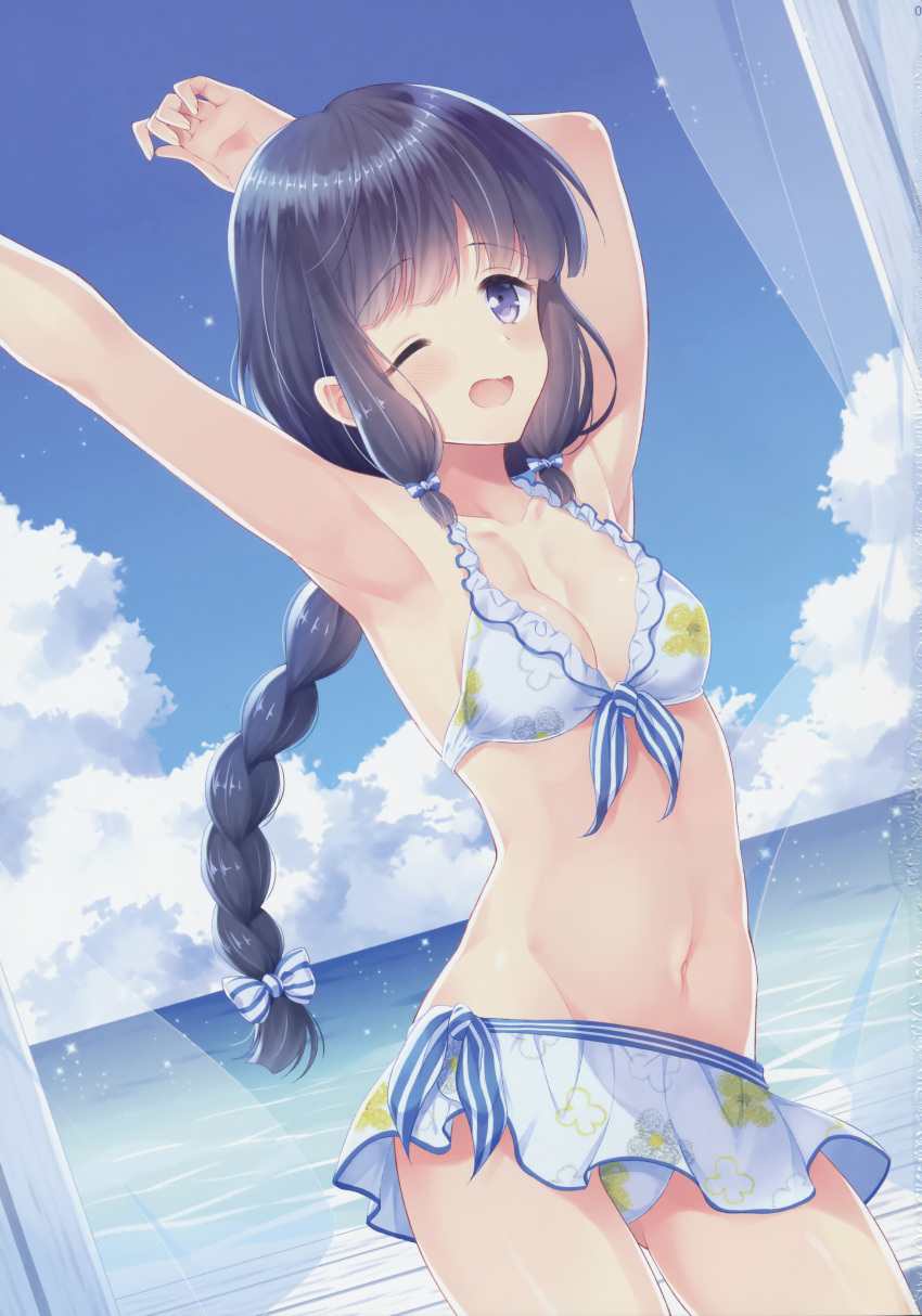 1girl ;d absurdres armpits arms_up bangs bikini bikini_skirt blue_sky blunt_bangs blush bow braid breasts cleavage clouds collarbone contrapposto cowboy_shot curtains day eyebrows_visible_through_hair frilled_bikini frills front-tie_bikini front-tie_top gluteal_fold hair_bow highres horizon kantai_collection kitakami_(kantai_collection) komi_zumiko long_hair looking_at_viewer medium_breasts ocean one_eye_closed open_mouth purple_hair scan shiny shiny_hair shiny_skin single_braid sky smile solo sparkle standing striped striped_bow swimsuit tareme violet_eyes water white_bikini