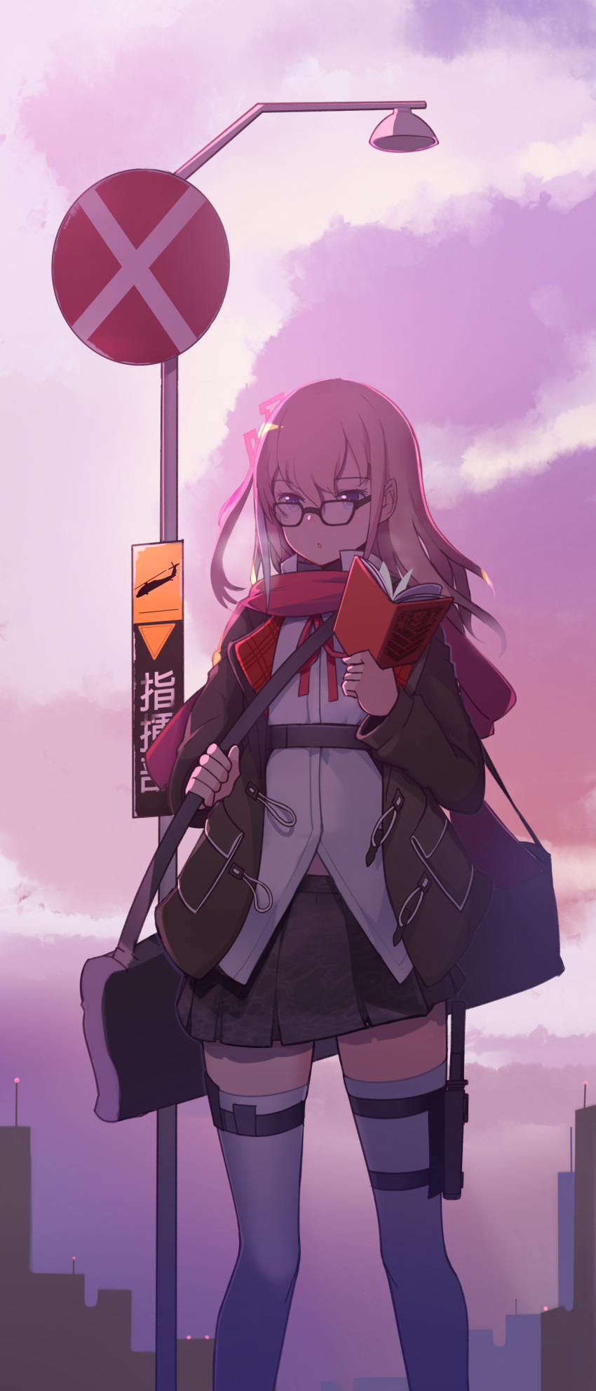 1girl absurdres aosora_kamiya black-framed_eyewear black_skirt blonde_hair blue_eyes book breath city clouds cloudy_sky coat collared_shirt dress_shirt duffel_coat girls_frontline glasses hair_ribbon highres holding holding_book holster legs_apart open_book open_clothes open_coat outdoors parted_lips pink_ribbon pleated_skirt pursed_lips railroad_crossing railroad_signal red_scarf ribbon scarf shirt skirt sky solo st_ar-15_(girls_frontline) standing thigh-highs thigh_holster white_shirt zettai_ryouiki