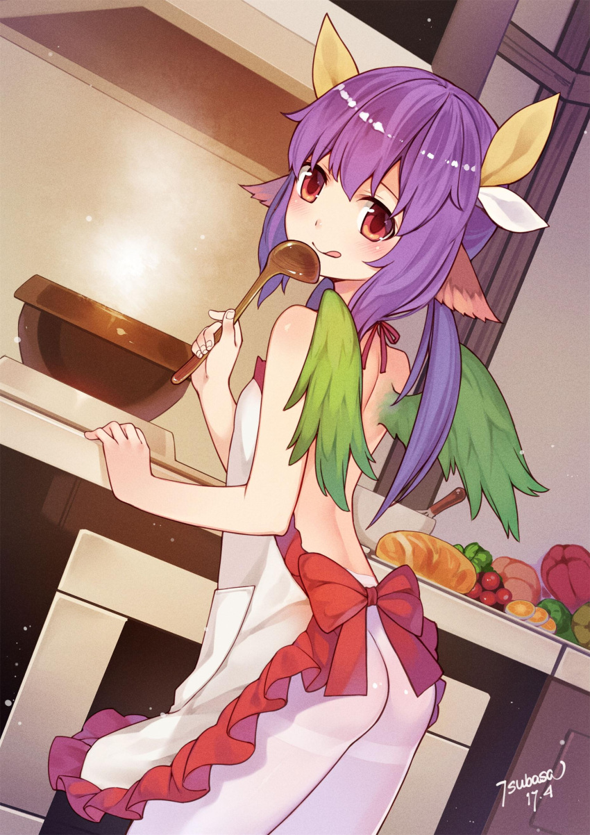1girl :q absurdres animal_ears apron artist_name ass back bangs blunt_bangs bread breasts dated dutch_angle feathered_wings food from_behind highres indoors isekai_karano_nono kitchen ladle leaning_forward long_hair looking_at_viewer looking_back low_twintails pantyhose purple_hair red_eyes signature small_breasts spoon thighband_pantyhose tongue tongue_out tsubasa_tsubasa twintails white_legwear wings
