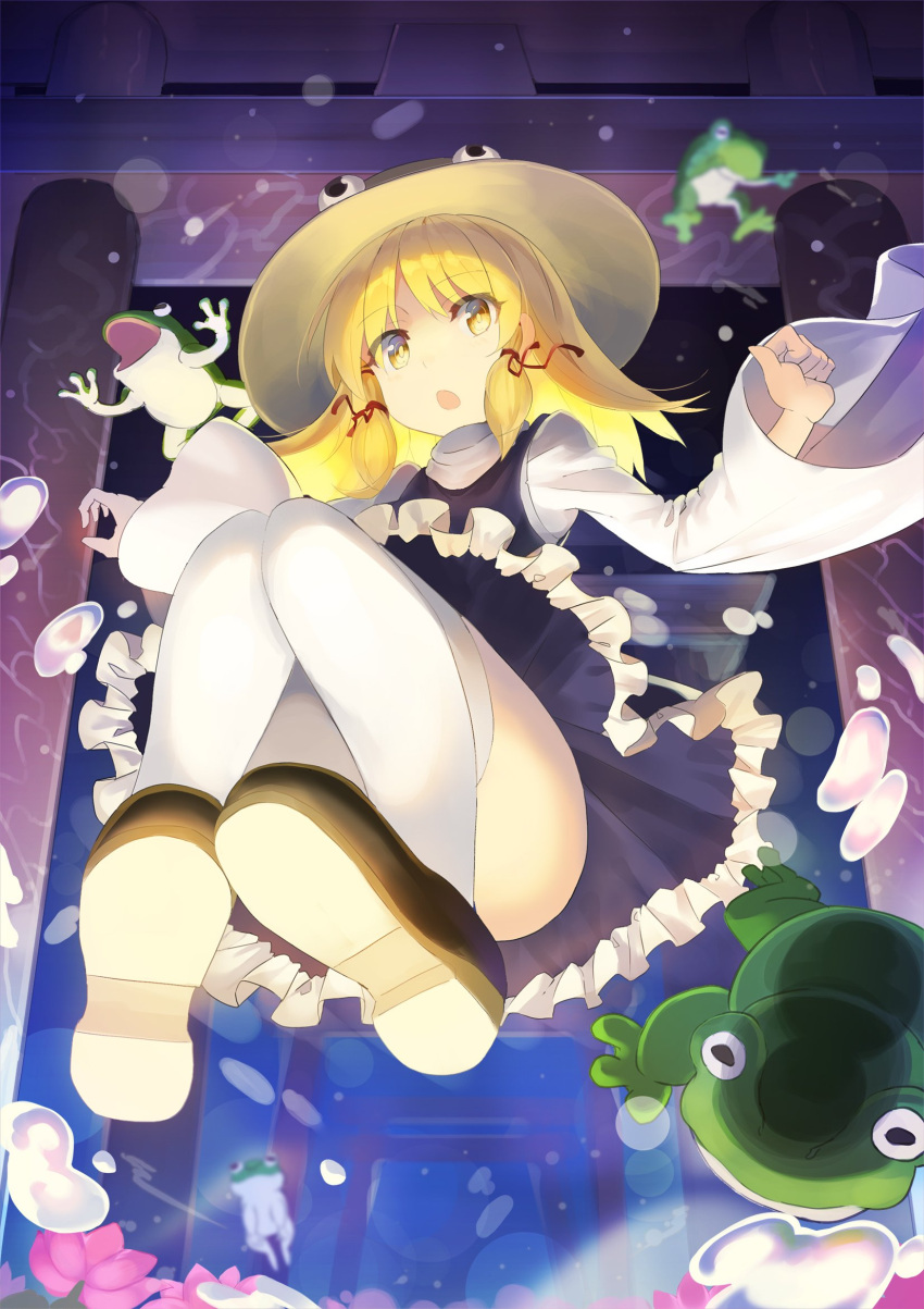 1girl :o ass black_footwear blonde_hair brown_hat commentary_request dress eyebrows_visible_through_hair flower frills frog from_below full_body hair_ribbon hands_up hat highres knees_up long_sleeves looking_at_viewer medium_hair moriya_suwako open_mouth pink_flower purple_dress red_ribbon ribbon rin_falcon shoes sidelocks solo thigh-highs touhou water_drop white_legwear wide_sleeves yellow_eyes