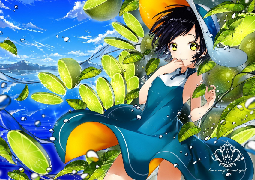 1girl bare_arms black_hair blue_dress blue_sky blurry clouds collared_dress condensation_trail cowboy_shot day depth_of_field dress english finger_to_mouth food fruit hand_to_own_mouth hat horizon leaf lime_(fruit) looking_at_viewer mojito mountain ocean original parted_lips reflection scenery short_hair sky sleeveless sleeveless_dress smile sogawa66 solo sparkle sun_hat water water_drop watermark yellow_eyes
