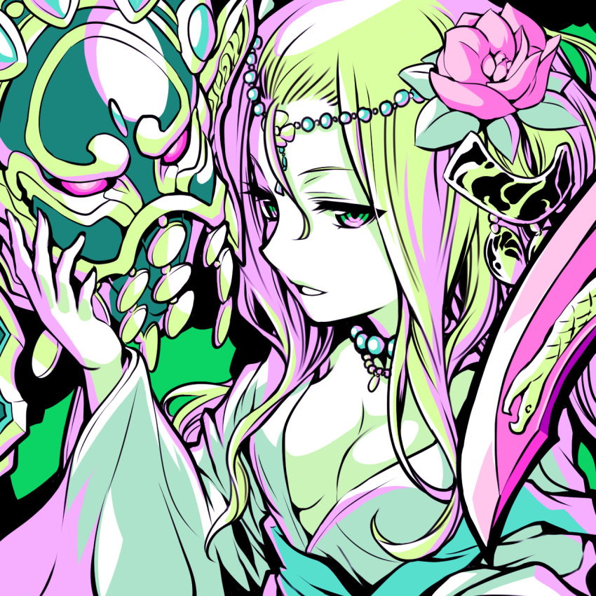 1girl blonde_hair breasts cleavage dress flower green green_eyes hair_between_eyes hair_flower hair_ornament hand_on_another's_face headdress highres ishiyumi jewelry long_hair mask medium_breasts meimei_(p&amp;d) necklace parted_lips polearm puzzle_&amp;_dragons sidelocks snake violet_eyes weapon