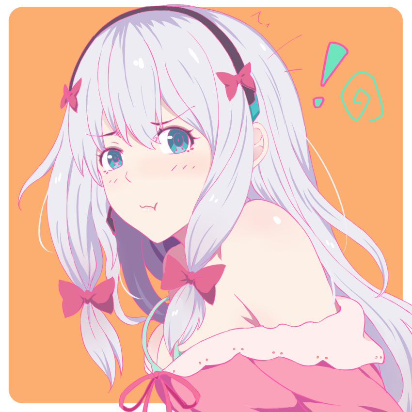 ! &gt;:t /\/\/\ 1girl :t aqua_bra aqua_eyes bangs bare_shoulders border bra breasts commentary_request dress eromanga_sensei eyebrows_visible_through_hair from_side highres illusionk izumi_sagiri long_hair looking_at_viewer looking_to_the_side medium_breasts off-shoulder_dress off_shoulder orange_background pink_dress pout shiny shiny_skin sidelocks silver_hair simple_background solo tareme underwear upper_body white_border