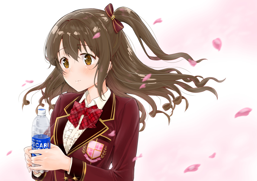 1girl absurdres blazer blush bottle bow brown_eyes brown_hair cherry_blossoms hair_bow highres idolmaster idolmaster_cinderella_girls idolmaster_cinderella_girls_starlight_stage jacket long_hair love_letter_(idolmaster) one_side_up pocari_sweat school_uniform shimamura_uzuki solo takuji_yuusaku water_bottle