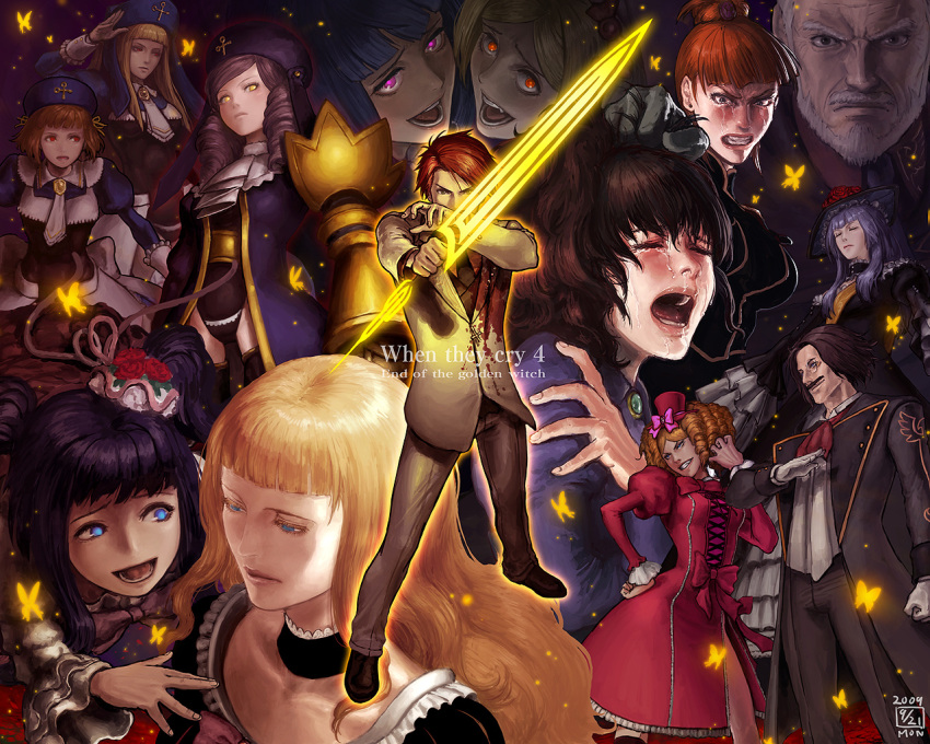 3boys 6+girls beatrice black_hair blonde_hair blue_eyes blue_hair bow butterfly choker copyright_name cornelia_(umineko) dlanor_a_knox dress drill_hair eiserne_jungfrau english everyone frederica_bernkastel furudo_erika gaap gertrude grin hair_grab ikeda_(cpt) lambdadelta monocle multiple_boys multiple_girls number open_mouth ponytail realistic redhead revision ronove short_hair smile tears thigh-highs umineko_no_naku_koro_ni ushiromiya_battler ushiromiya_eva ushiromiya_kinzou ushiromiya_natsuhi virgilia