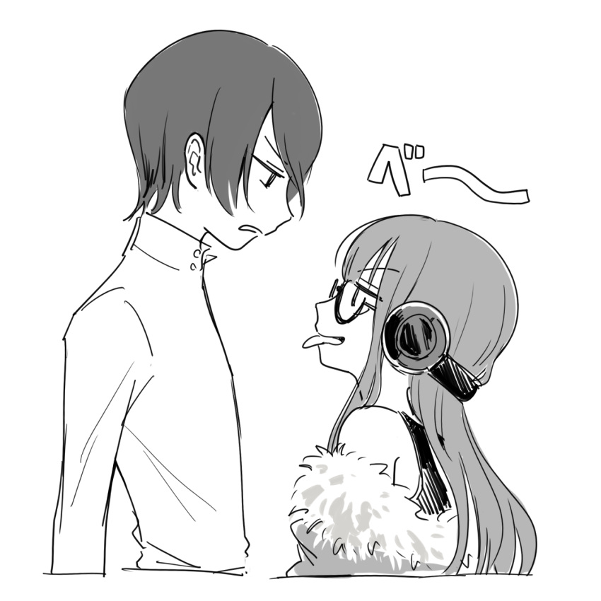 &gt;:( &gt;:p 1boy 1girl :p bare_shoulders camisole collared_shirt eye_contact facing_another from_side fur_trim glasses greyscale headphones high_collar highres hotoke_(zz_orz) jacket kitagawa_yuusuke long_hair looking_at_another monochrome off_shoulder persona persona_5 sakura_futaba semi-rimless_glasses shirt simple_background smile standing tongue tongue_out upper_body white_background