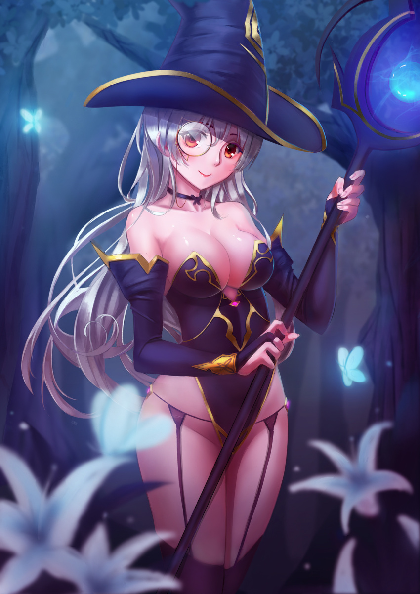 bencao_gangmu_(19) blue_legwear breasts bridal_gauntlets cleavage flower forest garter_belt hat highres holding holding_staff large_breasts leotard long_hair looking_at_viewer monocle nature night orange_eyes original silver_hair smile staff witch witch_hat
