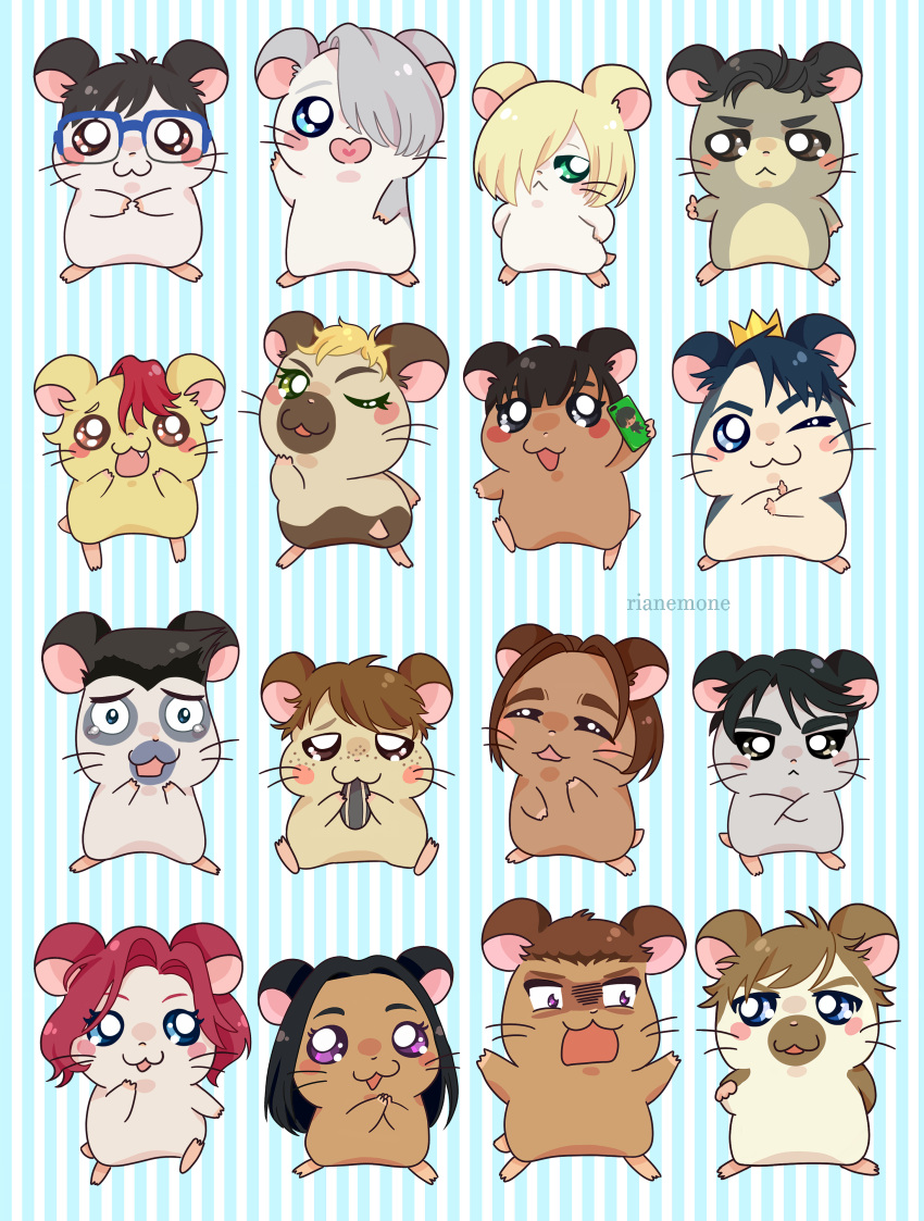 :&lt; :3 ;3 absurdres animalization artist_name black_hair blonde_hair blue-framed_eyewear blue_eyes blush_stickers brown_eyes brown_hair cellphone christophe_giacometti closed_eyes crown eating emil_nekola georgi_popovich glasses green_eyes grey_eyes hair_over_one_eye hamster hamtaro heart heart_in_mouth highres jean-jacques_leroy ji_guang-hong katsuki_yuuri lee_seung-gil leo_de_la_iglesia michele_crispino mila_babicheva minami_kenjirou no_humans one_eye_closed open_mouth otabek_altin phichit_chulanont phone redhead ri_(rianemone) sara_crispino seed silver_hair smartphone smile sunflower_seed tears viktor_nikiforov violet_eyes whiskers yuri!!!_on_ice yuri_plisetsky