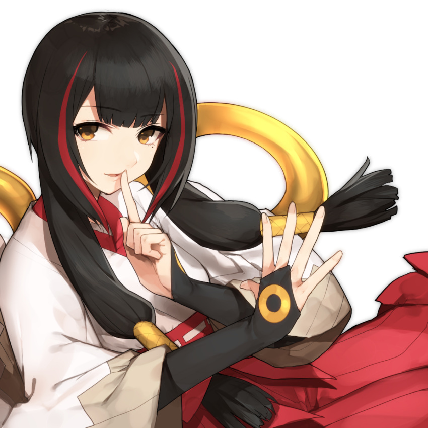 1girl black_hair finger_to_mouth hair_tubes hakama highres hitoto japanese_clothes lostorage_wixoss miko mole mole_under_eye multicolored_hair solo streaked_hair wixoss yukime_(wixoss)