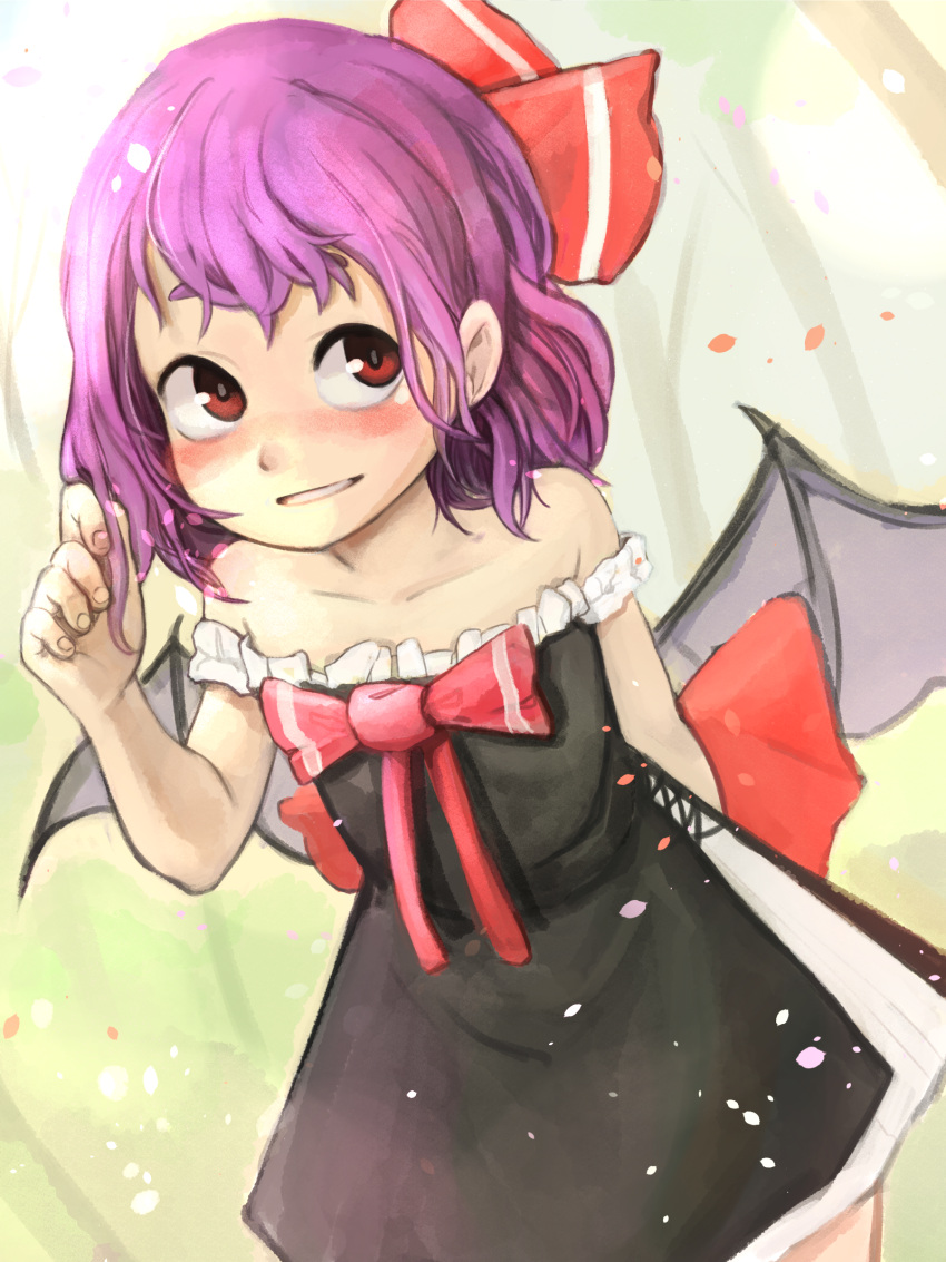 1girl alternate_costume arm_behind_back bat_wings black_dress blush bow collarbone dress dutch_angle full-face_blush grin hair_ribbon highres looking_to_the_side permanentlow petals purple_hair red_eyes remilia_scarlet ribbon short_hair sleeveless smile solo touhou wings