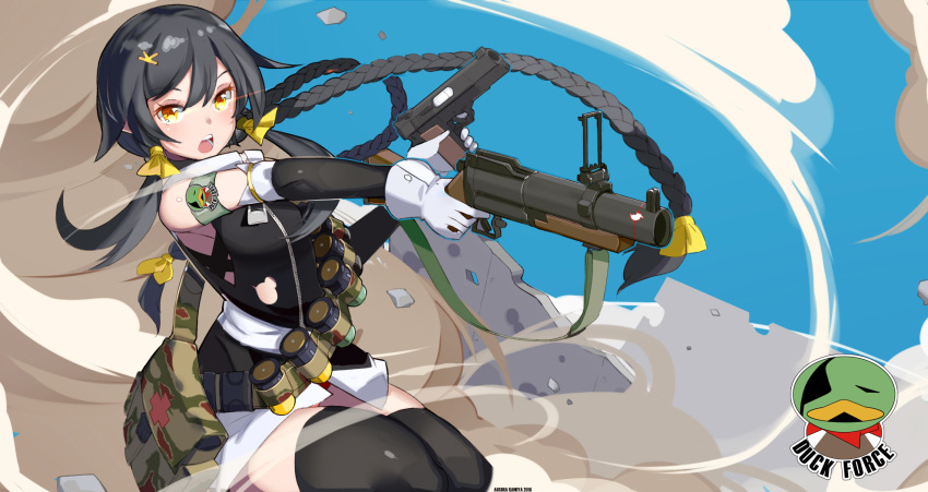 1girl ammunition_belt aosora_kamiya black_legwear braid copyright_request elbow_gloves finger_on_trigger first_aid_kit floating_hair gloves glowing glowing_eyes grenade_launcher gun handgun highres holding holding_gun holding_weapon long_hair m79 open_mouth pistol solo teeth thigh-highs thighs twin_braids very_long_hair weapon weapon_request white_gloves yellow_eyes