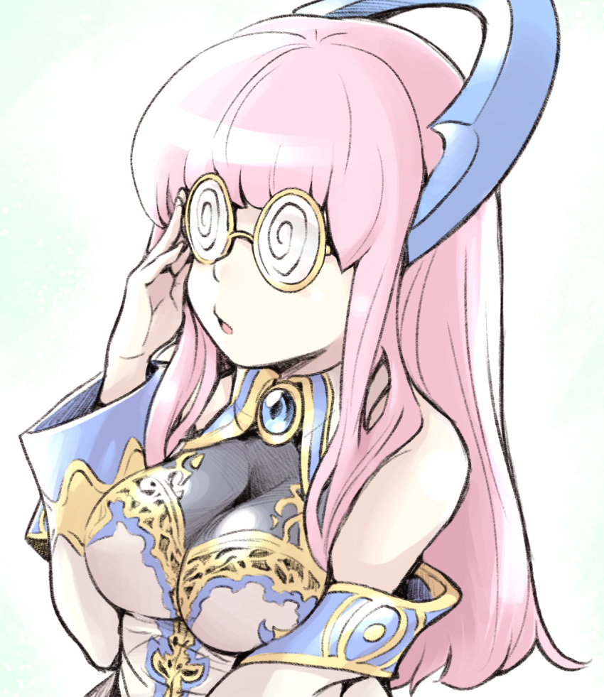 1girl :o @_@ adjusting_glasses bare_shoulders blush breasts brooch cleavage coke-bottle_glasses collared_shirt detached_sleeves female gem glasses highres horns ishiyumi jewelry juri_(p&amp;d) long_hair looking_away medium_breasts open_mouth parted_lips pink_hair puzzle_&amp;_dragons sapphire_(stone) see-through shiny shiny_hair shirt sleeveless sleeveless_shirt solo upper_body white_detached_sleeves wide_sleeves yellow-framed_glasses