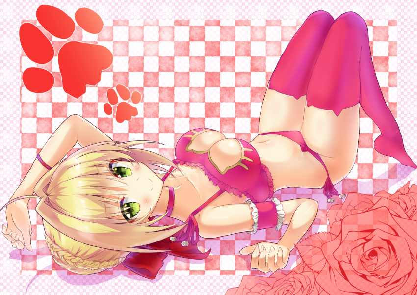 1girl blonde_hair blush bra breasts cat_lingerie checkered checkered_background cleavage fate/extra fate_(series) flower green_eyes highres looking_at_viewer lying medium_breasts meme_attire nanakusa_(user_rnpt7322) on_back panties red_bra red_legwear red_panties rose saber_extra smile solo tagme thigh-highs underwear