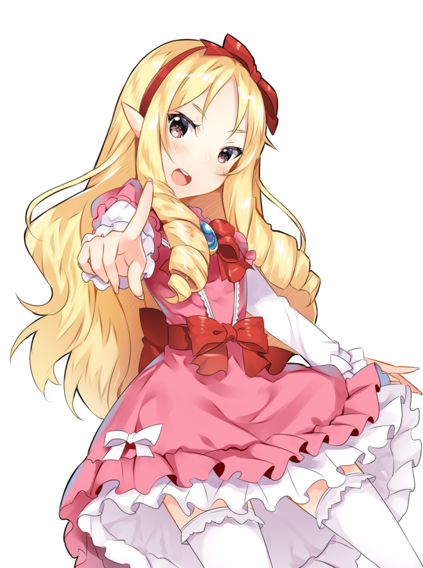 1girl blonde_hair blush bow brown_eyes commentary_request dress drill_hair duji_amo eromanga_sensei hair_bow hairband highres long_hair looking_at_viewer open_mouth pointing pointing_at_viewer pointy_ears simple_background solo thigh-highs twin_drills very_long_hair white_background white_legwear yamada_elf zettai_ryouiki