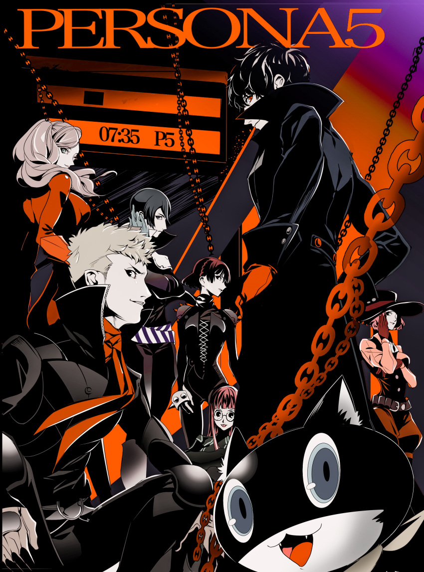 3boys 4girls :d :p absurdres animal_ears belt biker_clothes black_hair blonde_hair blue_hair bodysuit cat cat_ears chains coat copyright_name fangs food fruit glasses gloves grin hand_on_own_cheek hands_on_hips hands_up hat high_collar high_contrast highres jacket kitagawa_yuusuke kurusu_akira long_hair long_sleeves looking_at_viewer looking_back mask morgana_(persona_5) multiple_boys multiple_girls naru9 niijima_makoto okumura_haru open_mouth orange persona persona_5 pink_hair red_eyes redhead sakamoto_ryuuji sakura_futaba short_hair side_glance smile squatting standing takamaki_ann tongue tongue_out vest