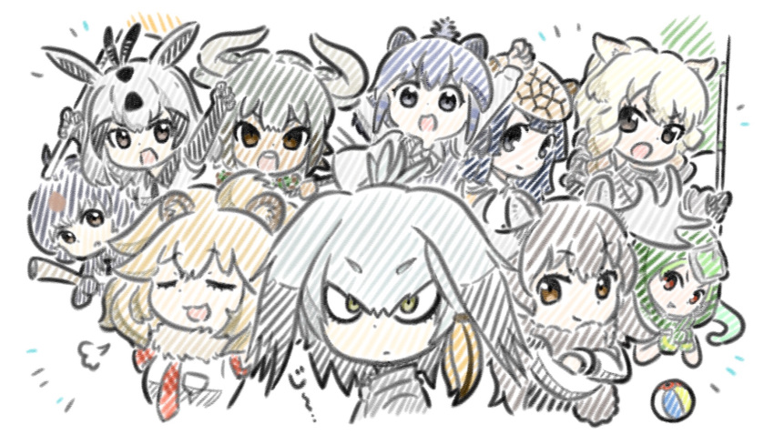 6+girls :d :o =3 african_porcupine_(kemono_friends) animal_ears antlers appleq arabian_oryx_(kemono_friends) armor arms_up aurochs_(kemono_friends) ball black_hair blonde_hair blue_hair breast_pocket brown_eyes character_request chibi closed_eyes crossed_arms dark_skin expressionless eyebrows eyebrows_visible_through_hair giant_armadillo_(kemono_friends) green_hair grey_hair highres horns japanese_black_bear_(kemono_friends) kemono_friends lion_(kemono_friends) lion_(zhan_jian_shao_nyu) lion_ears long_hair looking_at_viewer low_ponytail moose_(kemono_friends) moose_ears multicolored_hair multiple_girls necktie open_mouth panther_chameleon_(kemono_friends) pocket red_eyes shirt shoebill_(kemono_friends) side_ponytail smile white_rhinoceros_(kemono_friends) yellow_eyes