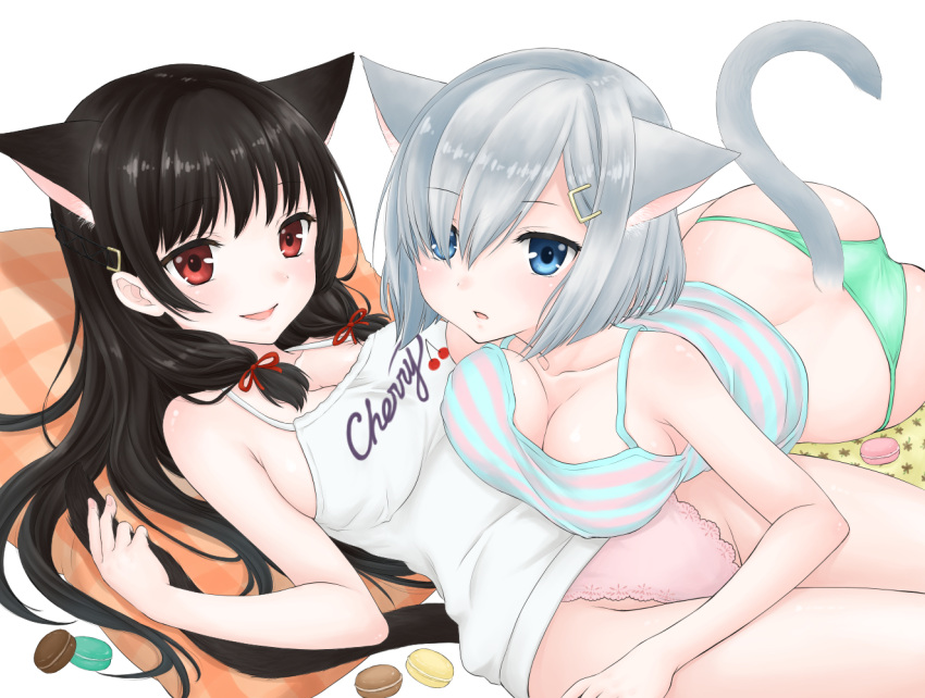 2girls animal_ears ass black_hair blue_eyes breasts camisole cat_ears cat_tail eyebrows_visible_through_hair green_panties hair_ornament hair_over_one_eye hair_ribbon hairclip hamakaze_(kantai_collection) isokaze_(kantai_collection) kantai_collection kemonomimi_mode long_hair lying medium_breasts multiple_girls no_pants on_back on_stomach ozaki_mirai panties pink_panties red_eyes ribbon short_hair silver_hair smile string_panties tail underwear