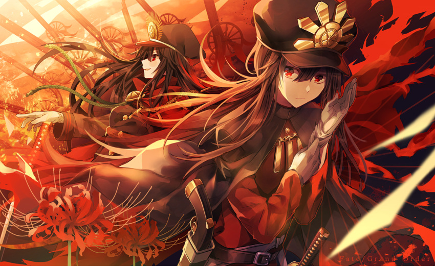 1boy 1girl belt black_hair brother_and_sister cape chains demon_archer fate/grand_order fate_(series) flower gloves gun hat katana koha-ace long_hair military military_hat military_uniform oda_nobukatsu_(fate/grand_order) putting_on_gloves red_eyes rifle siblings smile sword uniform weapon white_gloves yuxx_yux