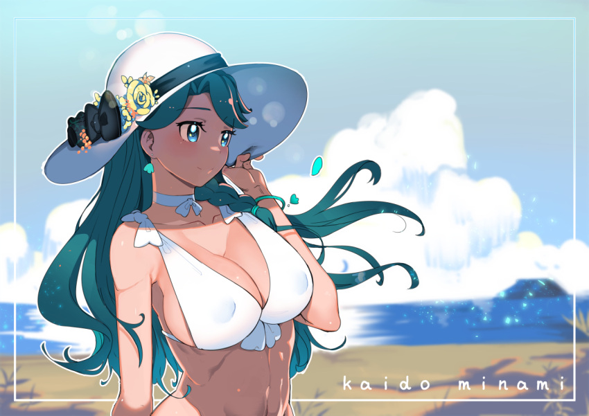 1girl arm_at_side bare_shoulders beach bikini bikini_top blue_eyes blue_hair blurry breasts character_name cleavage cure_mermaid depth_of_field earrings erect_nipples flower from_side go!_princess_precure groin hat hat_flower jewelry kaidou_minami large_breasts light_smile long_hair midriff multicolored_hair precure rumo sideboob smile sun_hat swimsuit two-tone_hair upper_body wavy_hair white_bikini white_hat