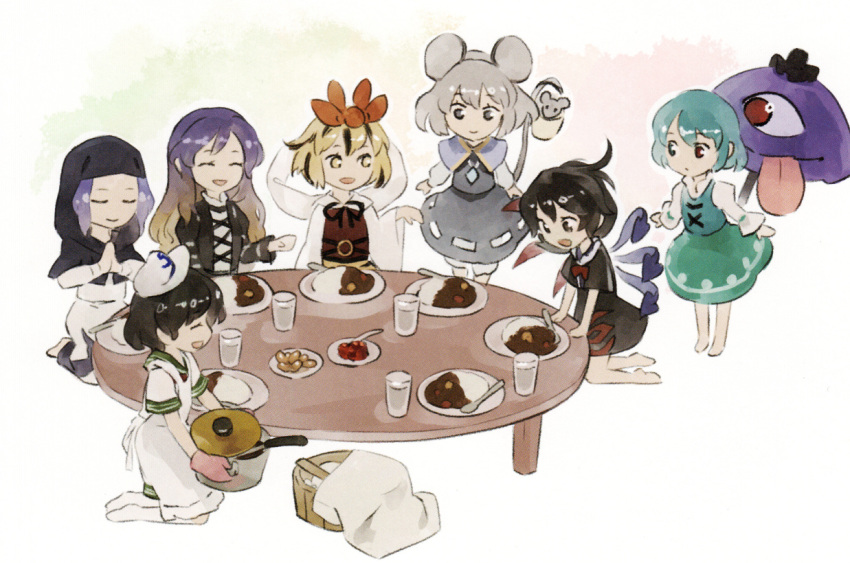 6+girls animal_ears aqua_hair asymmetrical_wings barefoot basket black_hair brown_hair capelet chibi closed_eyes curry curry_rice dress food full_body glass gloves gradient_hair grey_hair hat hijiri_byakuren hood houjuu_nue jewelry karakasa_obake kneeling kumoi_ichirin long_sleeves mouse mouse_ears mouse_tail multicolored_hair multiple_girls murasa_minamitsu nazrin necklace open_mouth oven_mitts pot praying profile puffy_sleeves purple_hair rice sailor_hat shawl shihou_(g-o-s) shirt short_hair short_sleeves sitting skirt skirt_set smile table tail tatara_kogasa tongue toramaru_shou touhou umbrella vest wide_sleeves wings