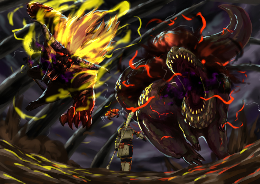 absurdres ambiguous_gender armor beetle blonde_hair brave_(armor) claws daji_yaozi dark_clouds deviljho flying from_behind full_armor fur glowing glowing_eyes highres holding holding_weapon horns insect_glaive jaw jumping long_hair monkey monster monster_hunter monster_hunter_4 open_mouth polearm rajang red_eyes savage_deviljho sharp_teeth tail teeth tyrannosaurus_rex walking weapon wyvern