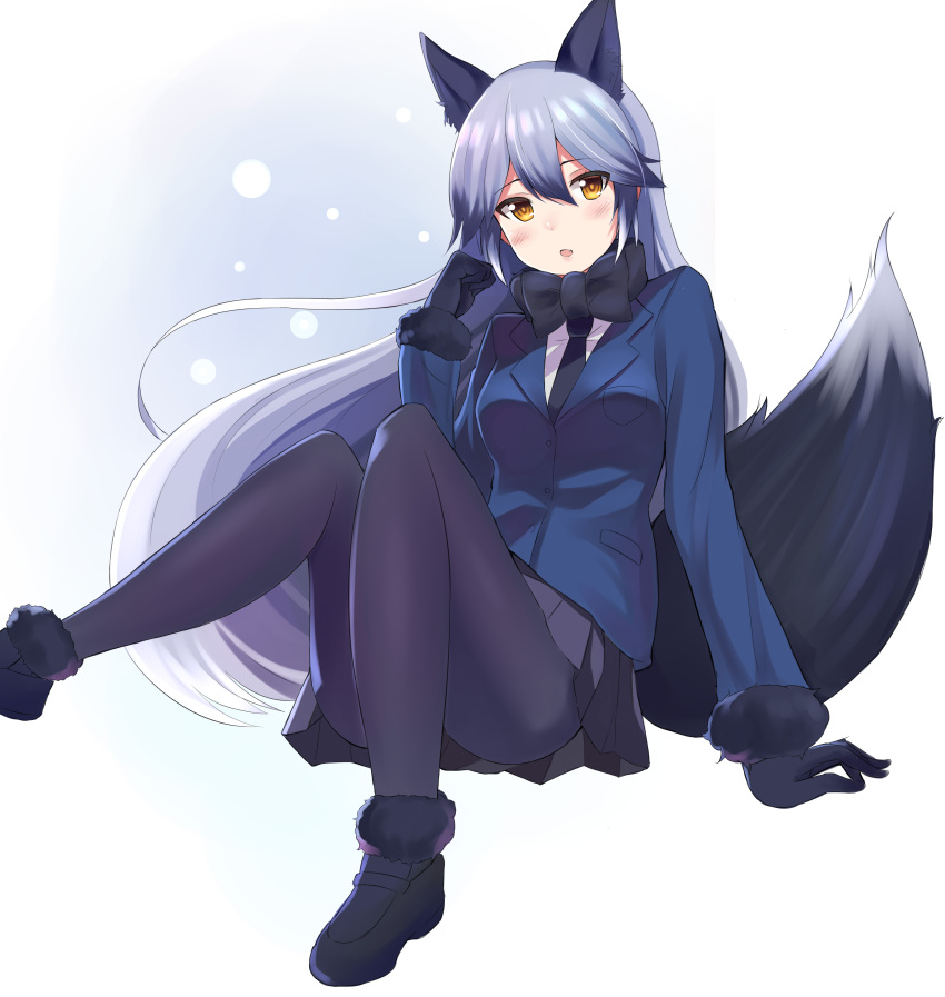 1girl absurdres animal_ears bangs black_bow black_bowtie black_gloves black_legwear black_necktie black_shoes blazer blush bow bowtie eyebrows_visible_through_hair fox_ears fox_girl fox_tail gloves grey_hair hair_between_eyes highres jacket kemono_friends knees_together_feet_apart loafers long_hair long_sleeves looking_at_viewer nagiha_kuten necktie pantyhose parted_lips shoes silver_fox_(kemono_friends) silver_hair sitting solo tail yellow_eyes