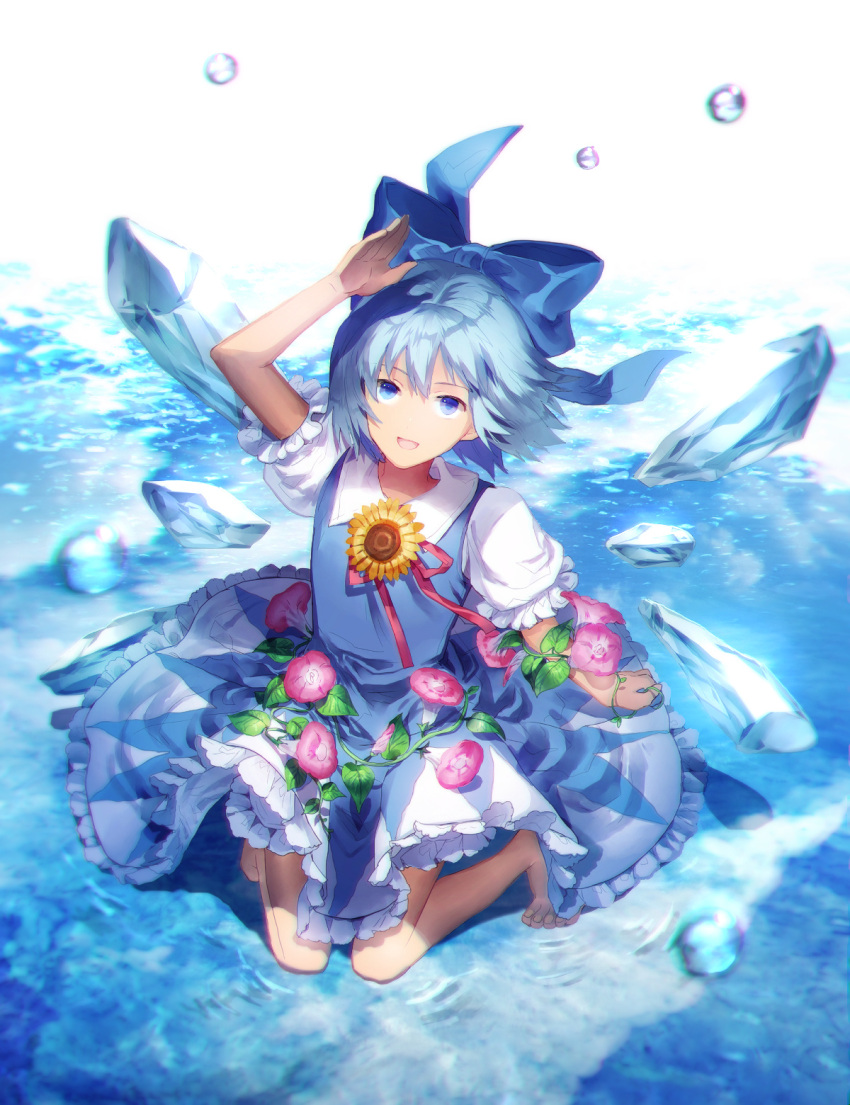 1girl :d barefoot blue_bow blue_dress blue_eyes blue_hair bow cirno dress flower frilled_sleeves frills full_body hair_between_eyes hair_bow hidden_star_in_four_seasons highres ice ice_wings kneeling looking_at_viewer morning_glory open_mouth puffy_short_sleeves puffy_sleeves short_hair short_sleeves smile solo sunakumo sunflower tan touhou wings