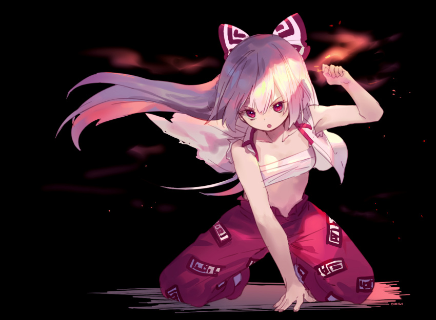 1girl ainy77 bangs black_background bow breasts clenched_hand embers fire flame floating_hair fujiwara_no_mokou hair_between_eyes hair_bow highres kneeling light long_hair looking_at_viewer open_clothes open_mouth open_shirt pants red_eyes red_pants redhead sarashi serious shirt silver_hair simple_background sleeveless sleeveless_shirt small_breasts solo suspenders torn_clothes torn_shirt torn_sleeves touhou very_long_hair white_shirt wind