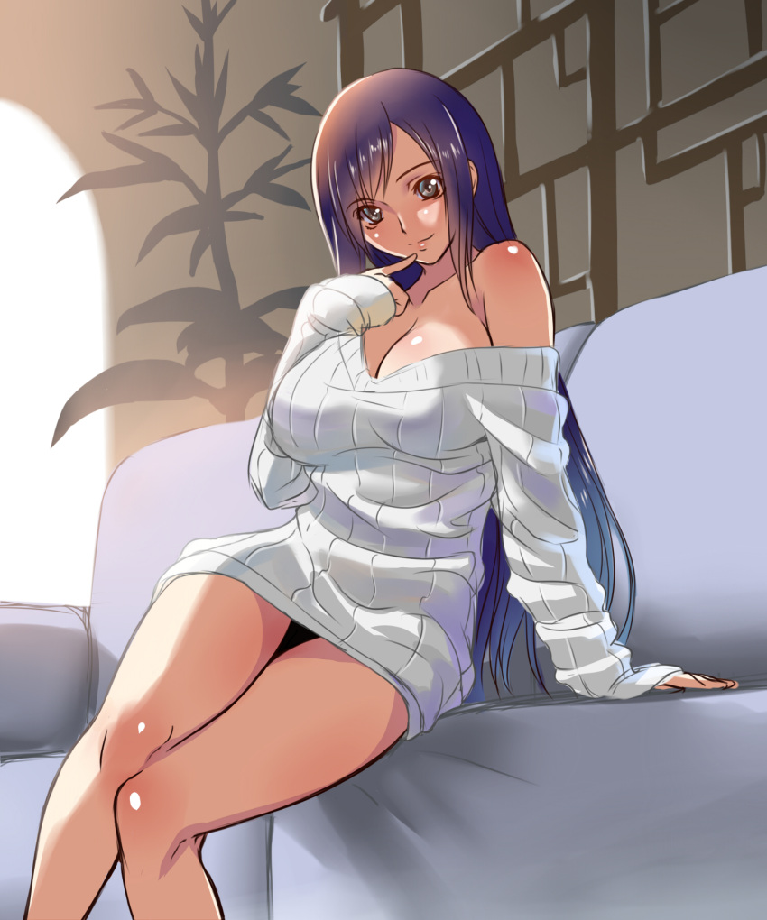 1girl bare_shoulders blush breasts brown_eyes brown_hair cleavage closed_mouth collarbone couch final_fantasy final_fantasy_vii finger_to_mouth head_tilt highres large_breasts light_smile long_hair looking_at_viewer naked_sweater off_shoulder revision ribbed_sweater sitting sleeves_past_wrists smile solo suuitchi sweater tifa_lockhart very_long_hair